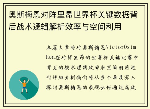奥斯梅恩对阵里昂世界杯关键数据背后战术逻辑解析效率与空间利用